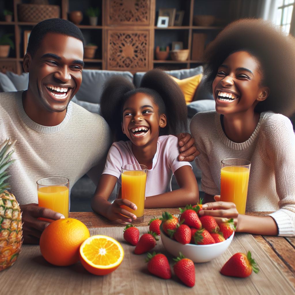 African American family enjoying juices.