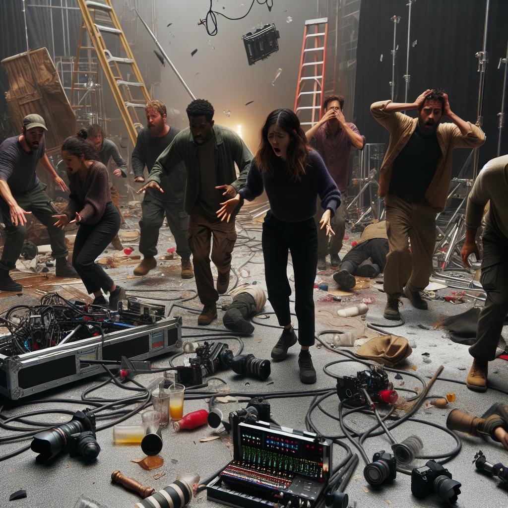 Movie set chaos aftermath.