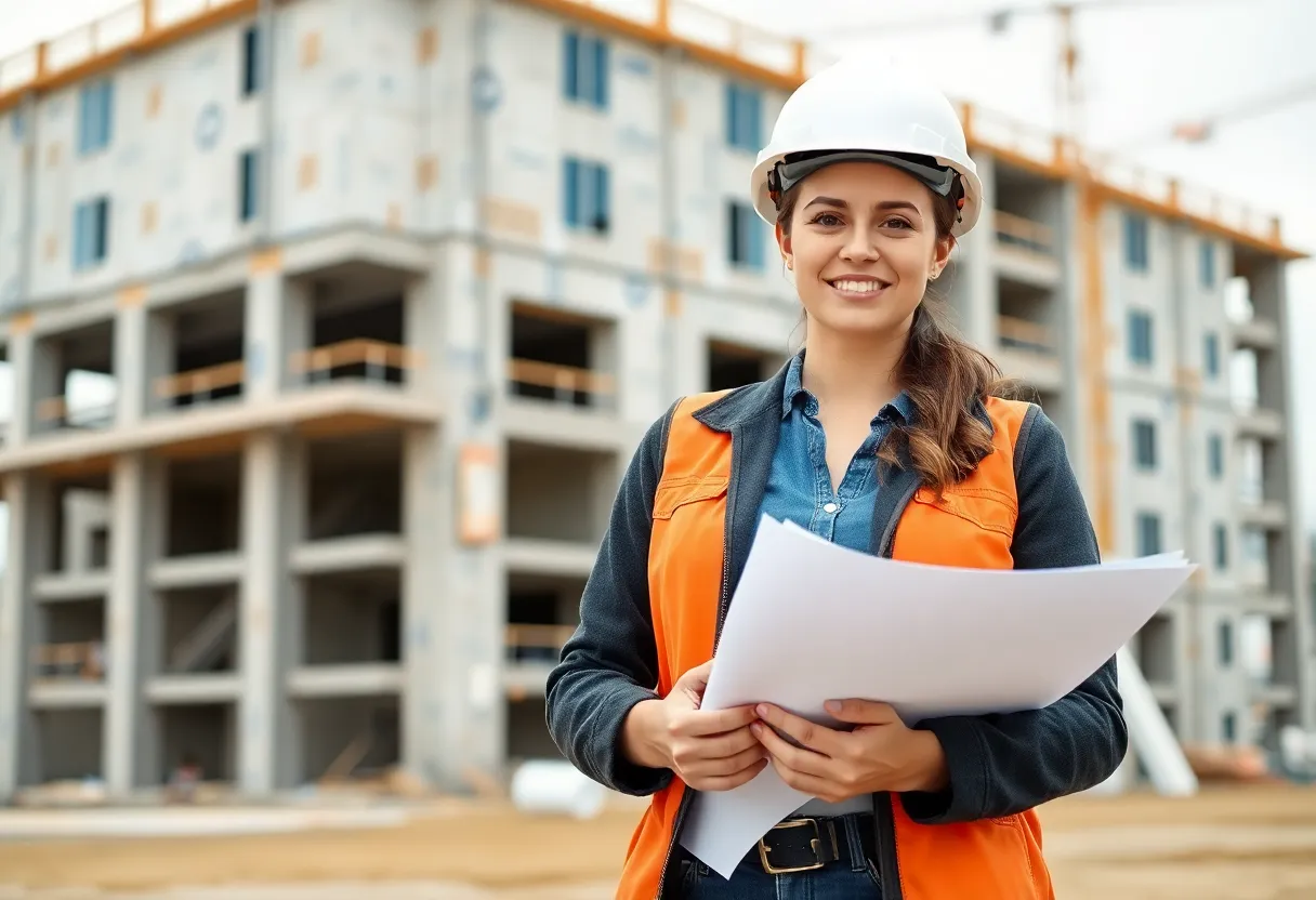 Allison Konwinski standing in front of construction site