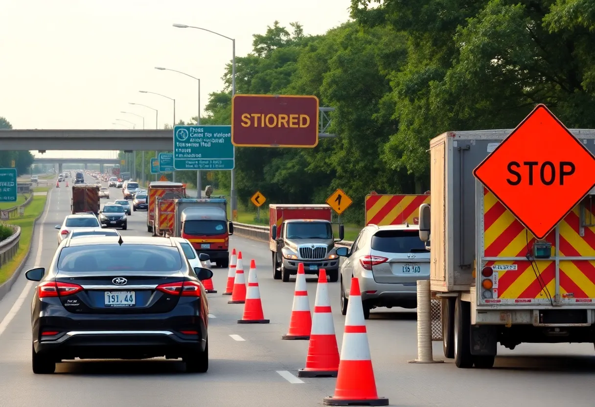 Construction workers on an Atlanta highway with roadwork signs and traffic cones.