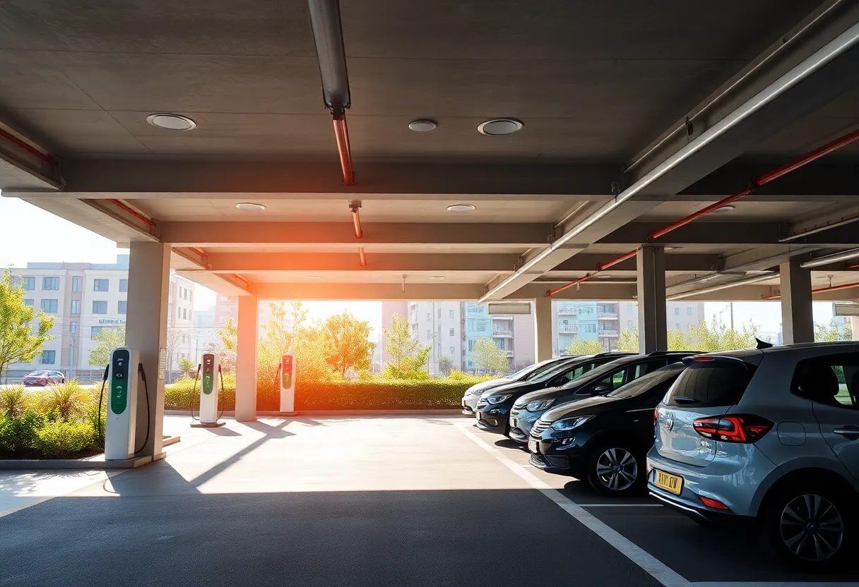Electric vehicle parking garage featuring charging stations