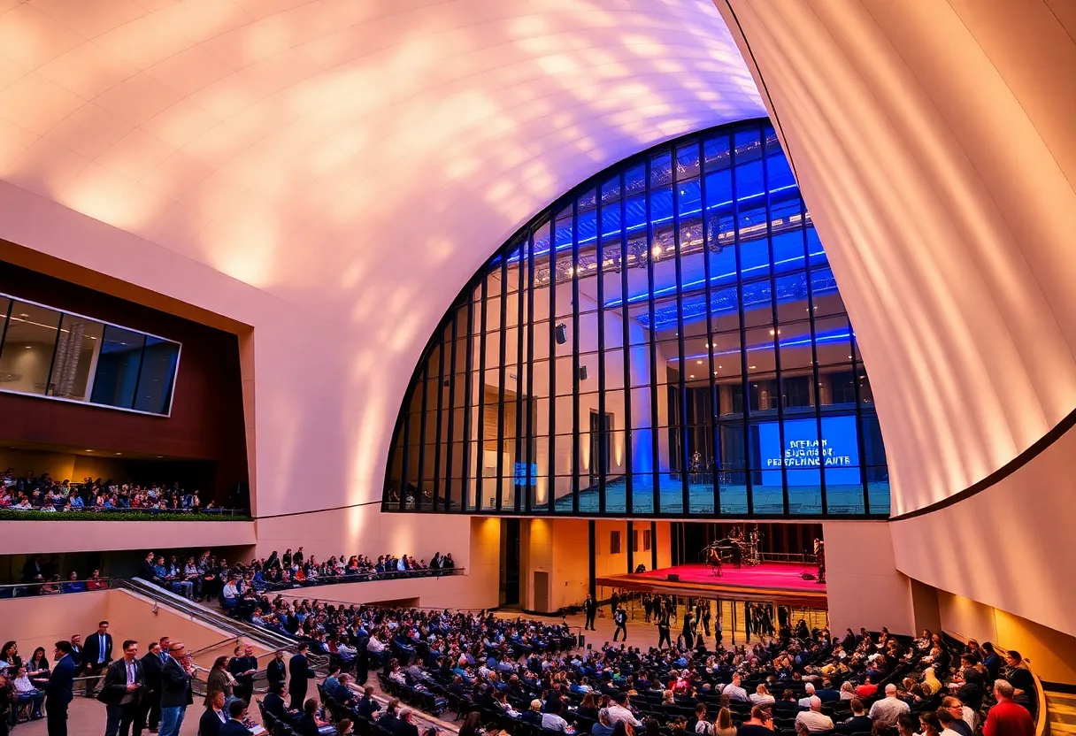 An architectural view of the Perelman Performing Arts Center bustling with visitors