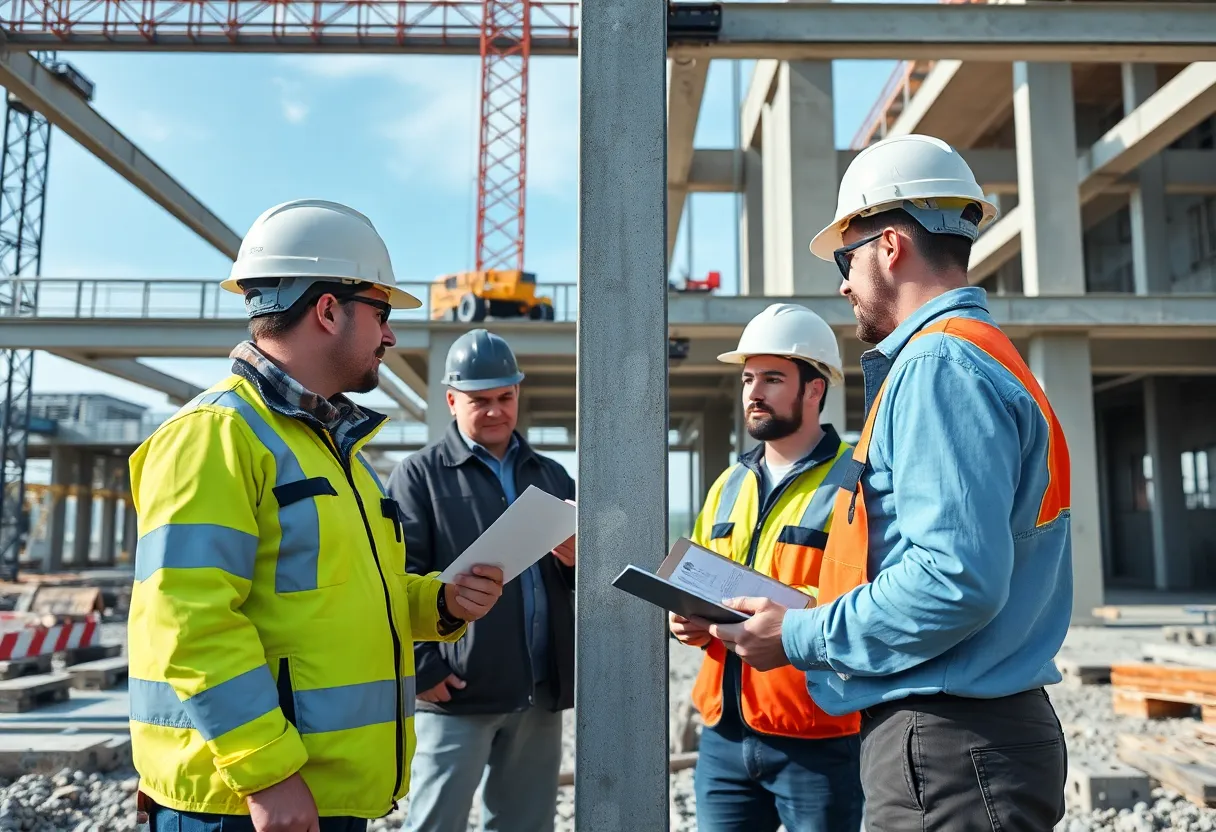 Engineers working on post-installed connections at a construction site