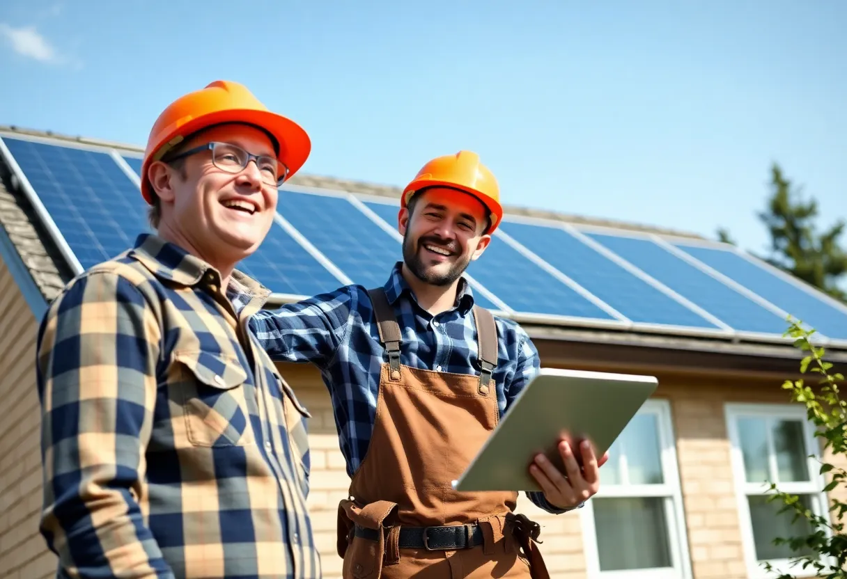 Canadian homeowner installing solar panels on their rooftop with innovative tool.