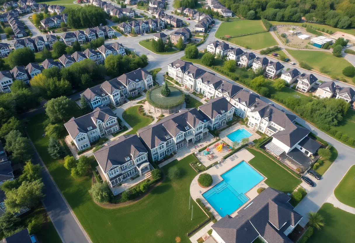 Aerial view of South Pine luxury townhomes in South Fulton, GA.