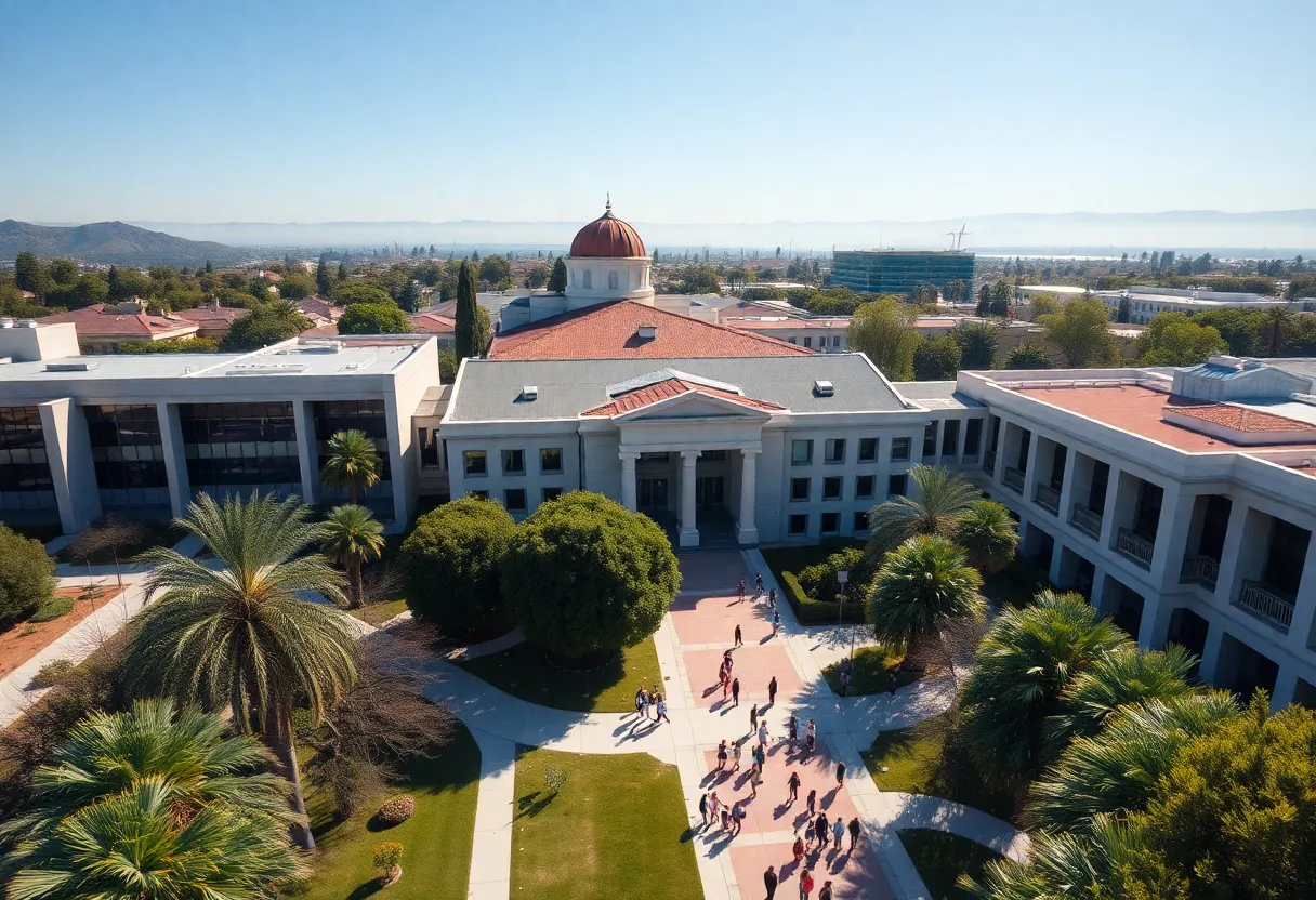 Aerial view of University of California campus during a sunny day with students