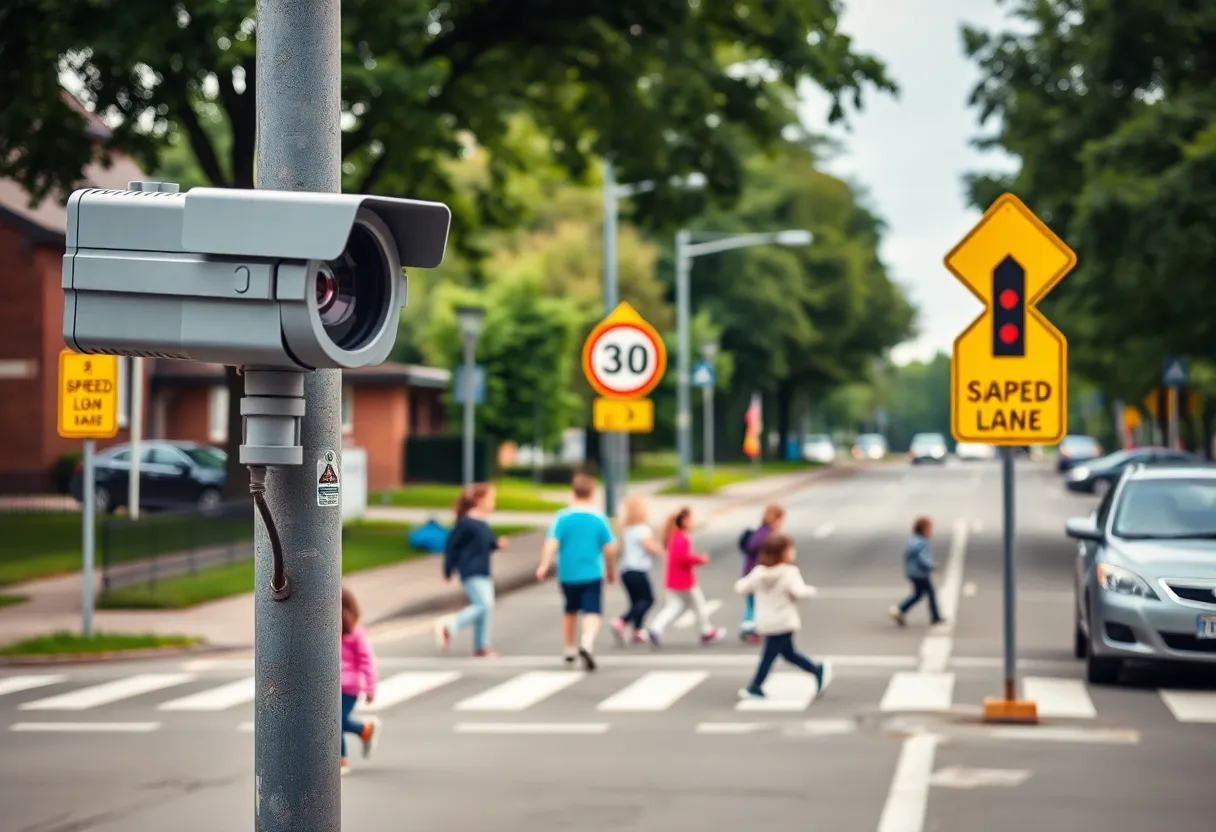 A school zone featuring a speed camera and children crossing the street.