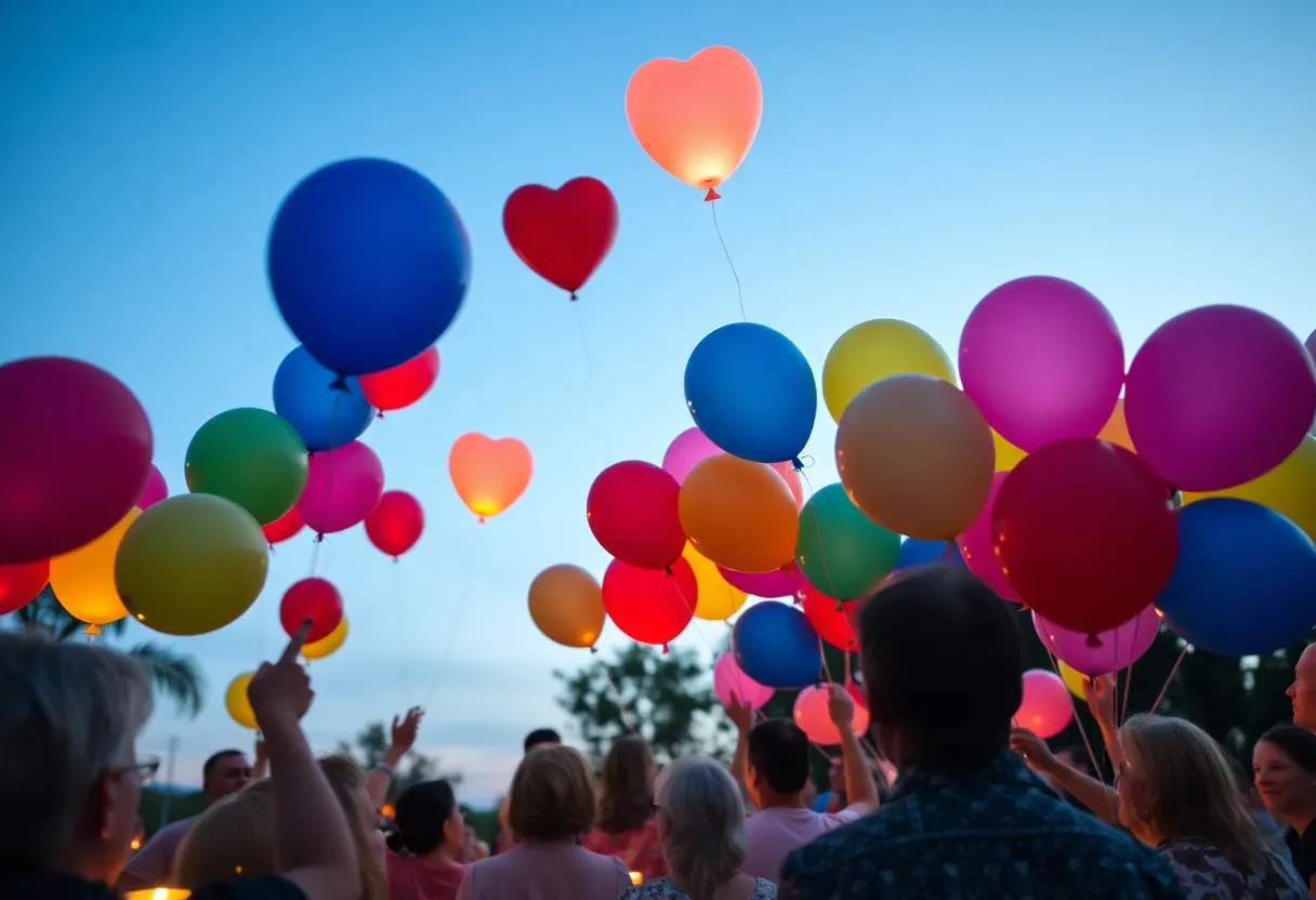 Community members releasing balloons in memory of Sekya Smith.