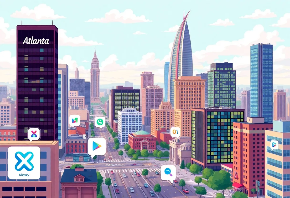 Digital illustration of Atlanta city with social media icons