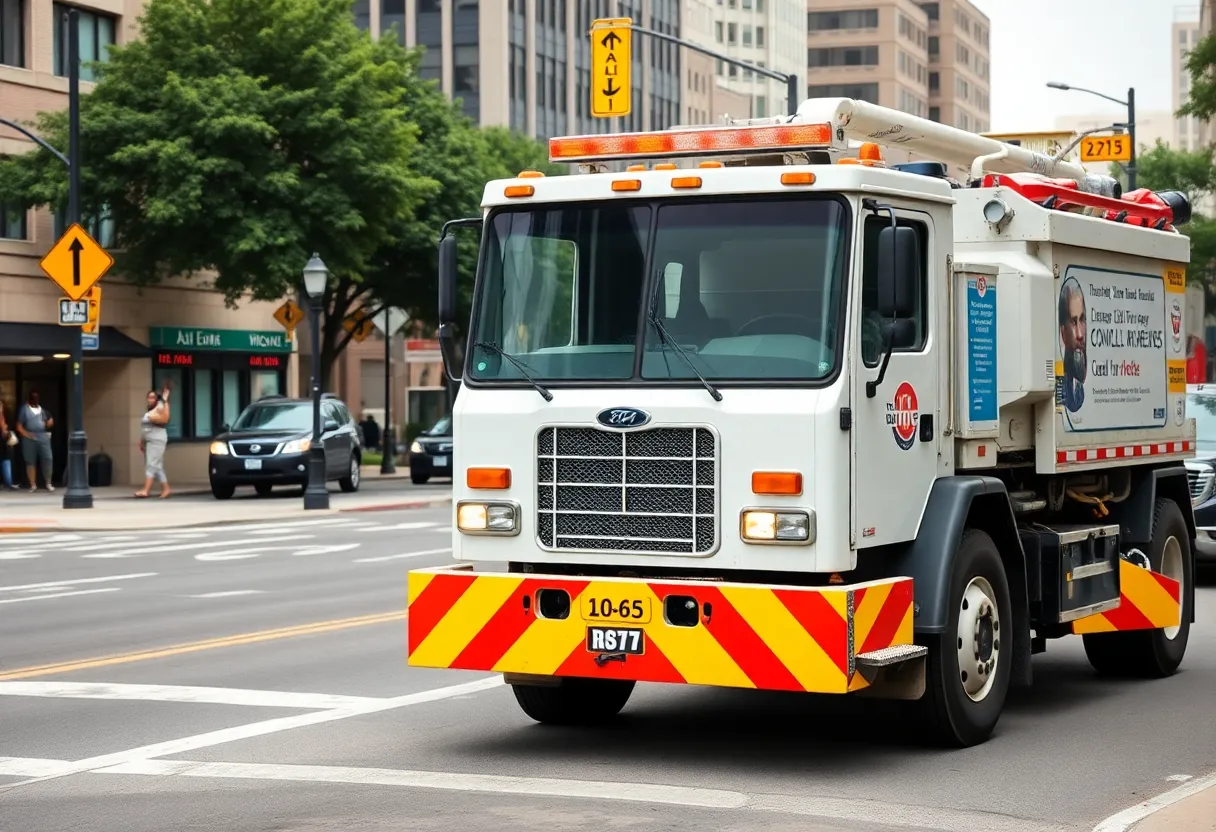 City street in Atlanta with public works vehicle and community elements