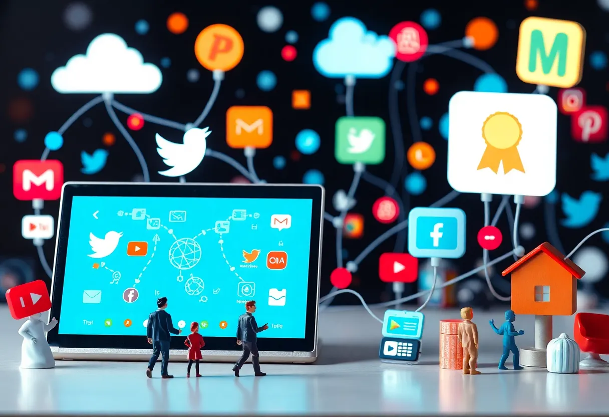 Artistic representation of social media platforms with emphasis on Blue Sky.