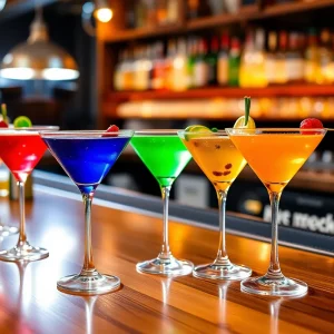 Colorful mini martinis displayed at a bar in Atlanta