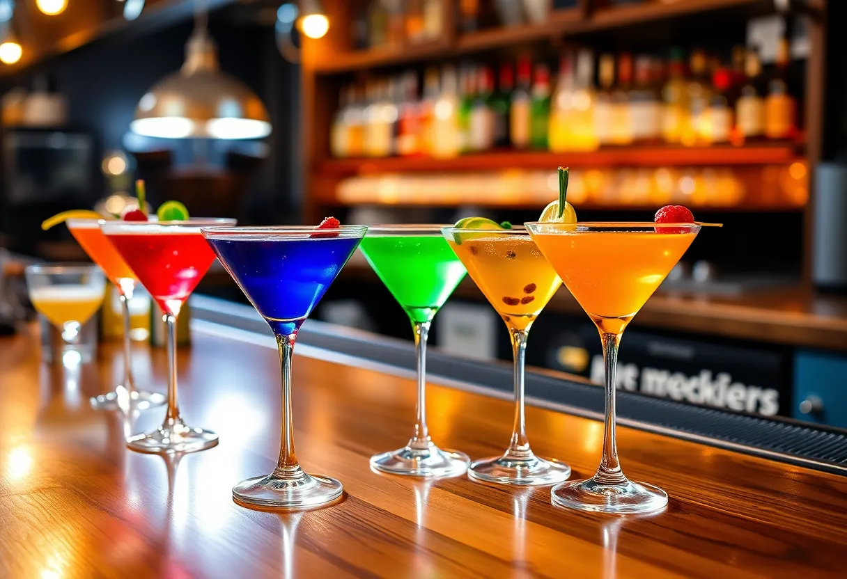 Colorful mini martinis displayed at a bar in Atlanta