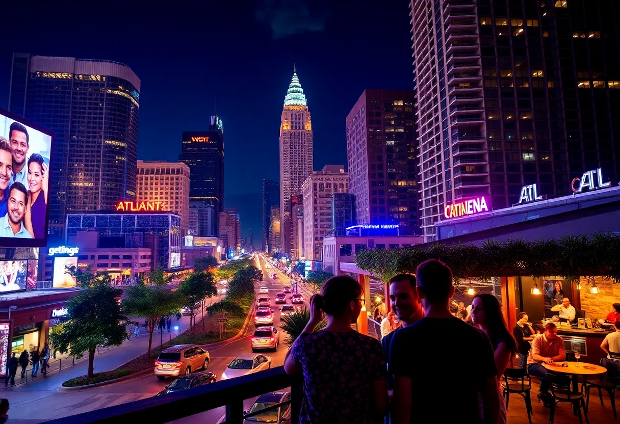 Nightlife scene in Atlanta with couples and vibrant lights
