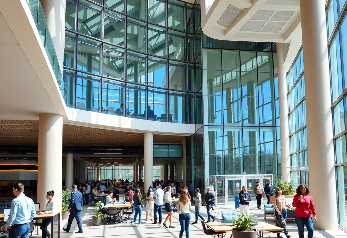 Office market in Atlanta showing recovery with people and modern buildings.