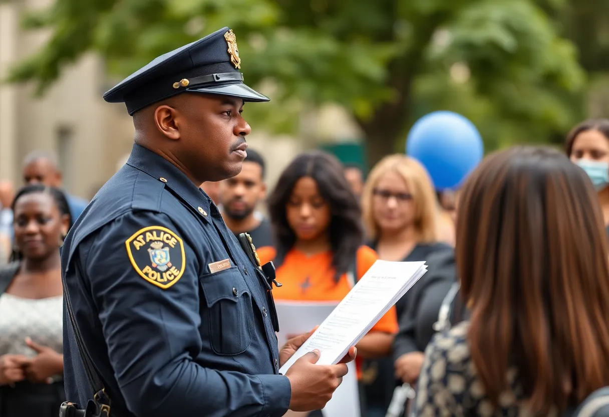 Atlanta police officer engaging with residents for information on an assault case.