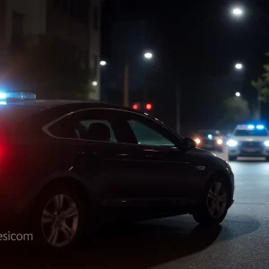 Police investigating a robbery scene in Atlanta at night.