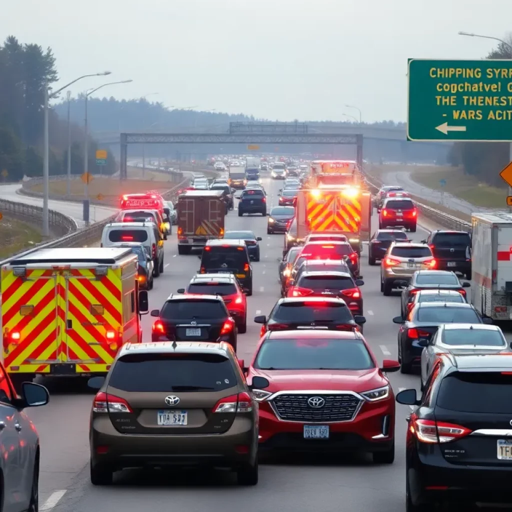 Scene of traffic disruptions on an Atlanta interstate with emergency response vehicles.