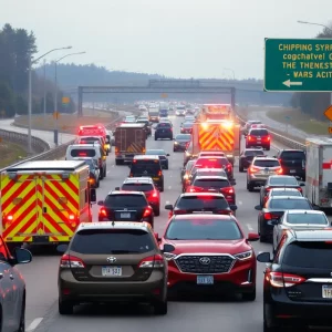 Scene of traffic disruptions on an Atlanta interstate with emergency response vehicles.
