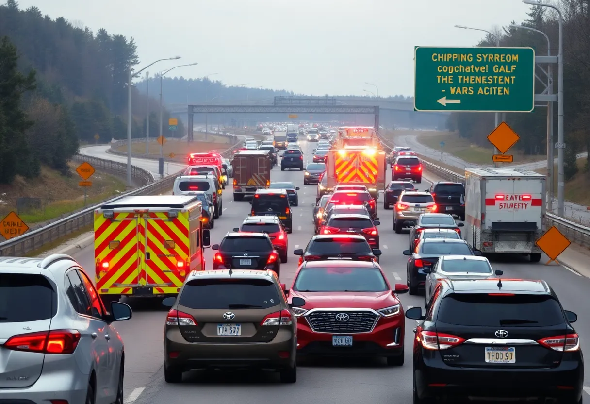 Scene of traffic disruptions on an Atlanta interstate with emergency response vehicles.