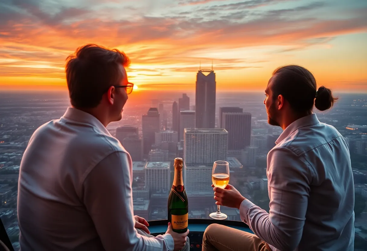 Couple enjoying a helicopter tour over Atlanta for Valentine's Day