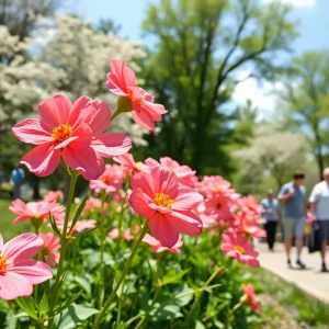 People enjoying a sunny day in Atlanta's park amidst blooming flowers.