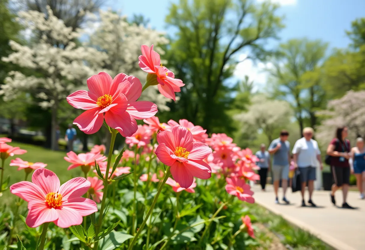 People enjoying a sunny day in Atlanta's park amidst blooming flowers.