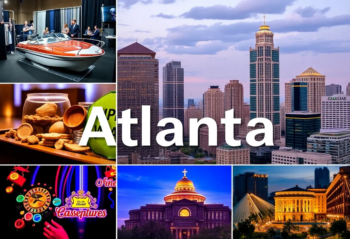 A collage representing various events in Atlanta, including a boat show, antique market, wildlife conservation, casino night, and travel expo.