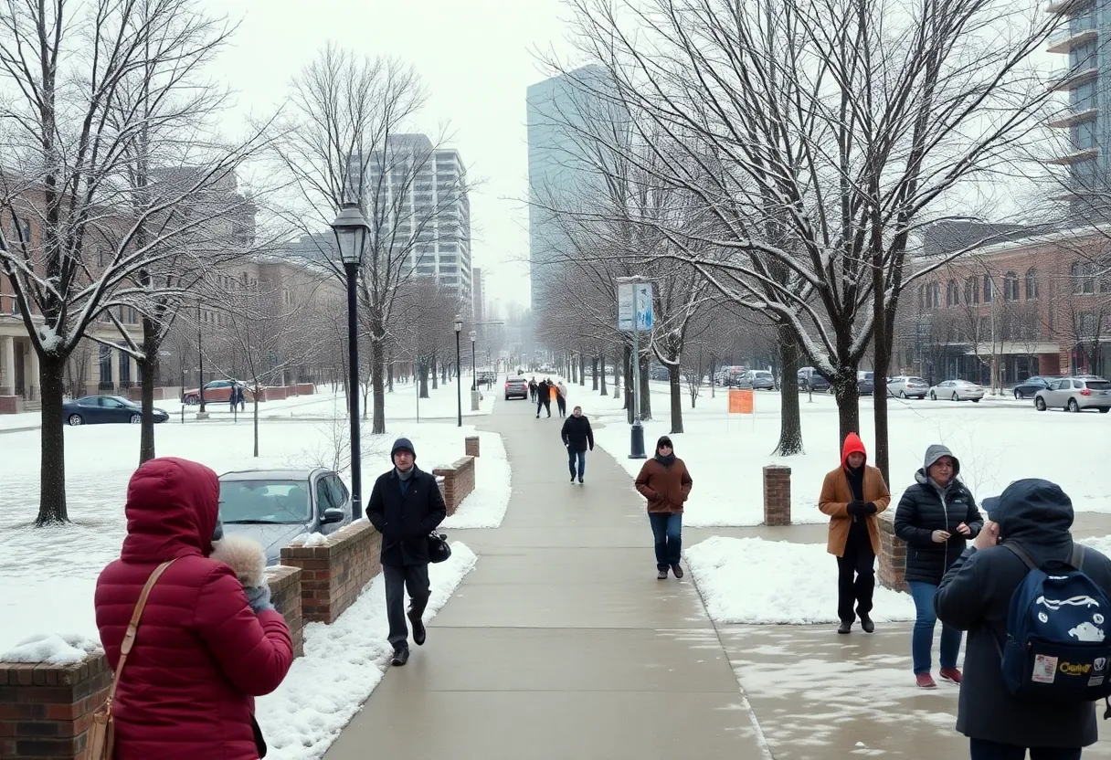 Cold winter scene in Atlanta with snow-covered trees