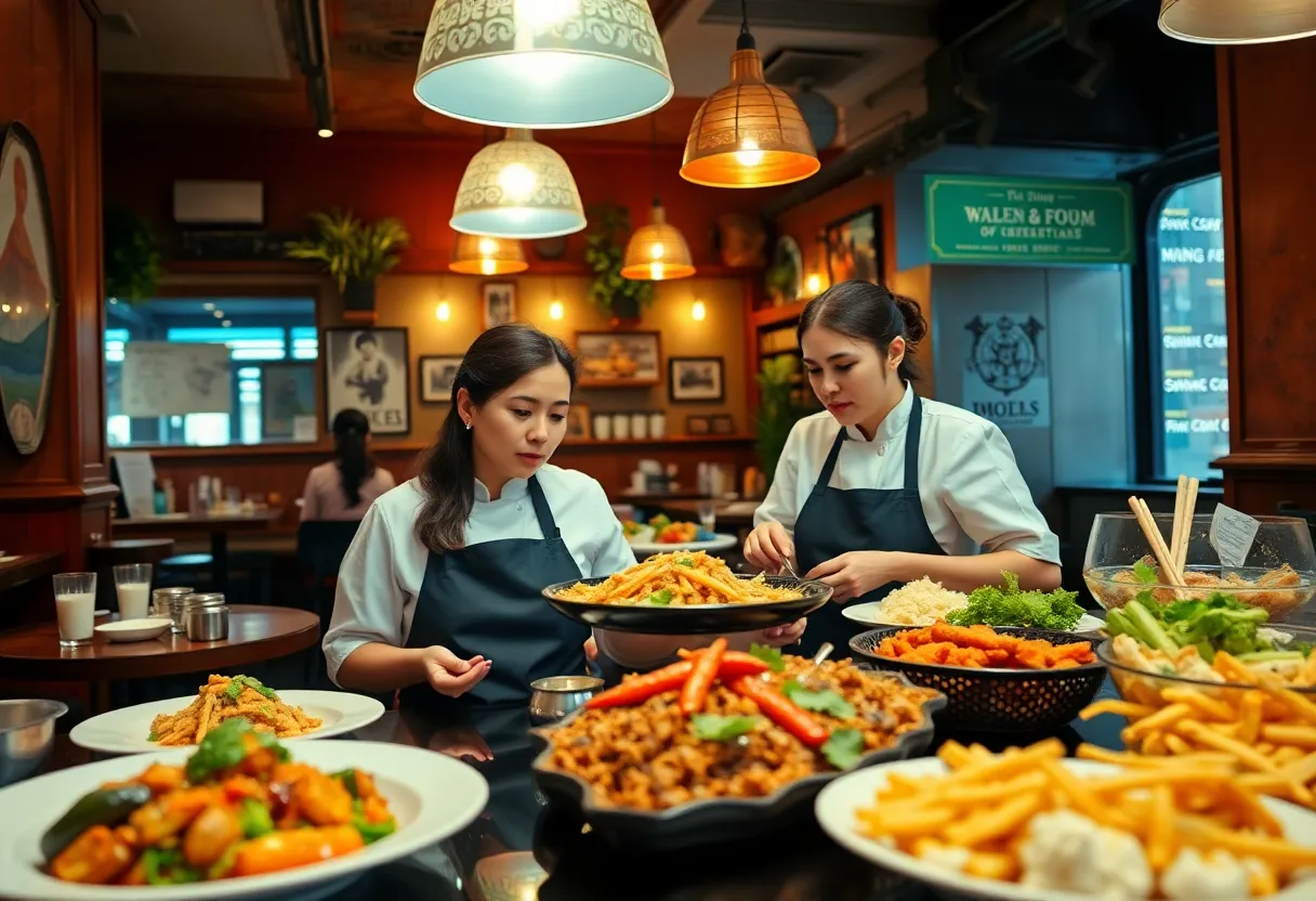 Diverse dishes and women chefs in an inviting restaurant atmosphere.