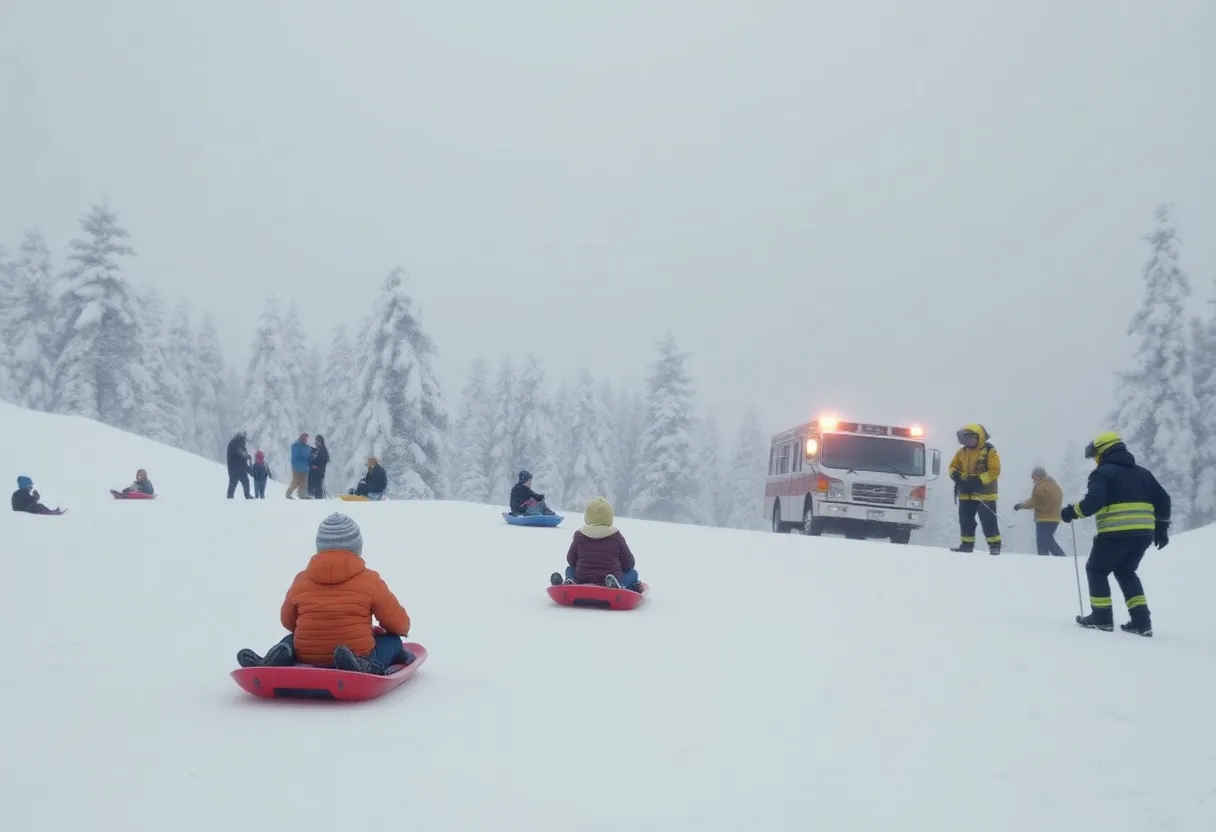 Emergency responders rescuing a child during a winter storm in Atlanta