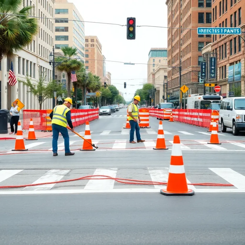 Construction workers repairing crosswalks in Augusta GA