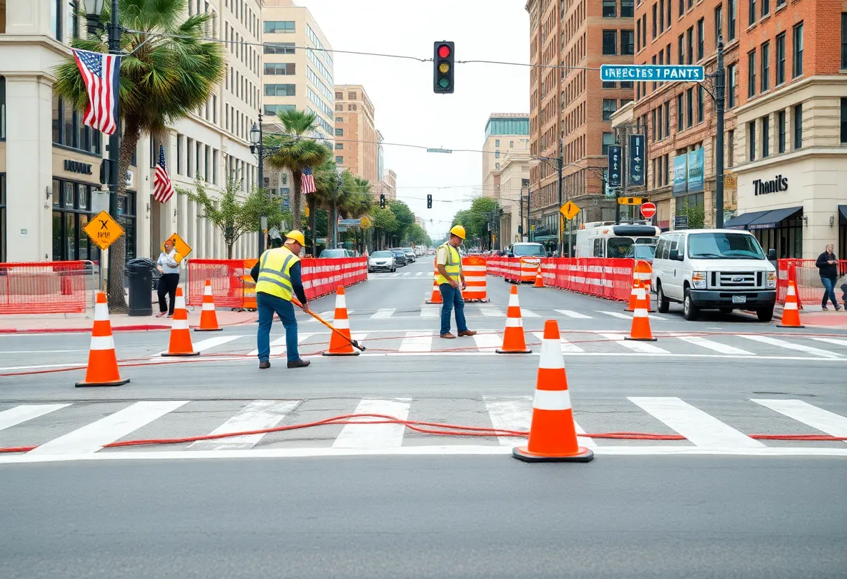 Construction workers repairing crosswalks in Augusta GA