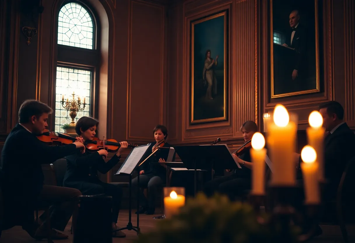 A string quartet performing in a candlelit venue in Atlanta