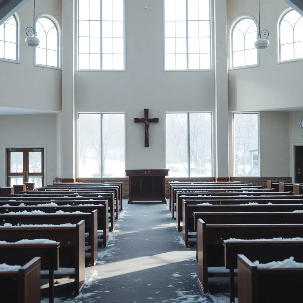 Inside of a church with snow outside, symbolizing winter storm closures.