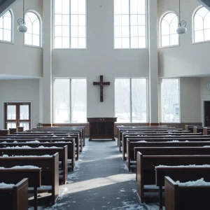Inside of a church with snow outside, symbolizing winter storm closures.