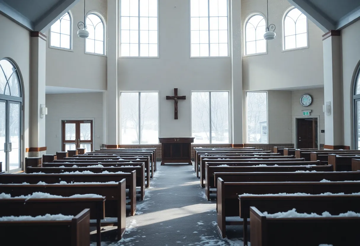 Inside of a church with snow outside, symbolizing winter storm closures.