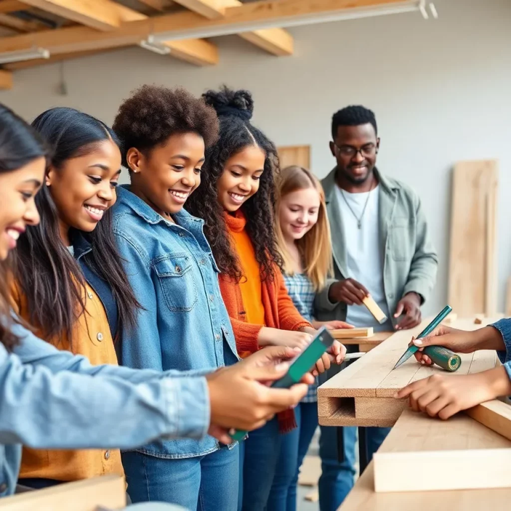 Students participating in a construction education program