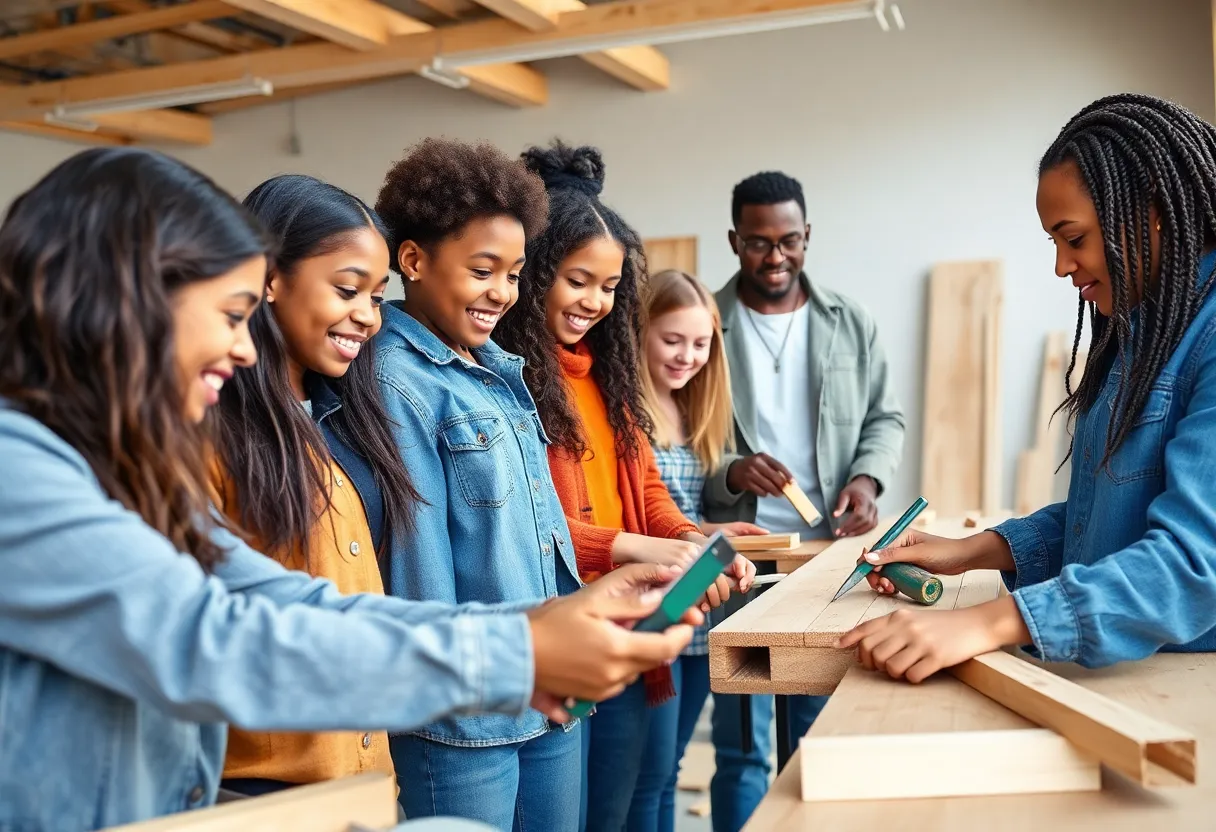 Students participating in a construction education program