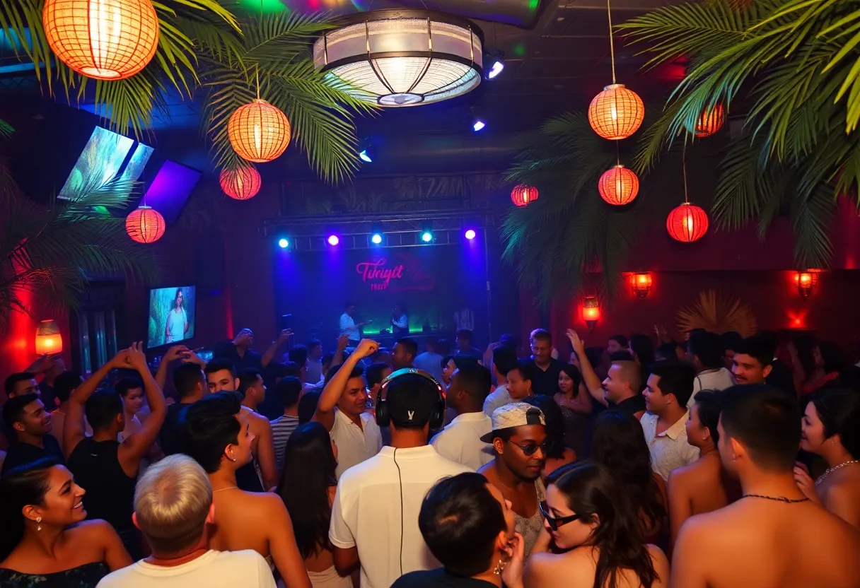 A lively scene from Copacabana nightclub in Atlanta with tropical decor and entertainment.