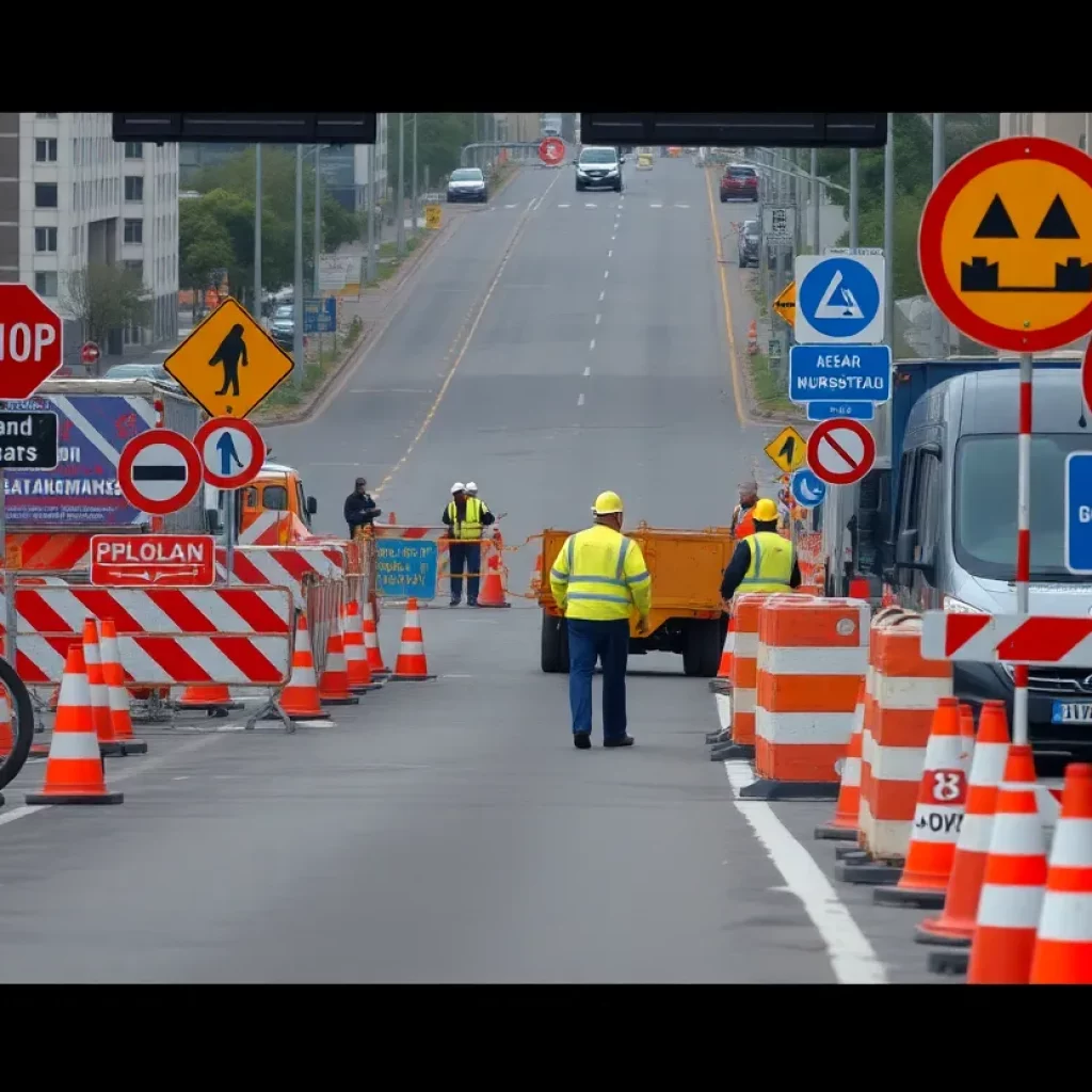 Construction zone in Central Savannah River Area with workers and traffic signs.