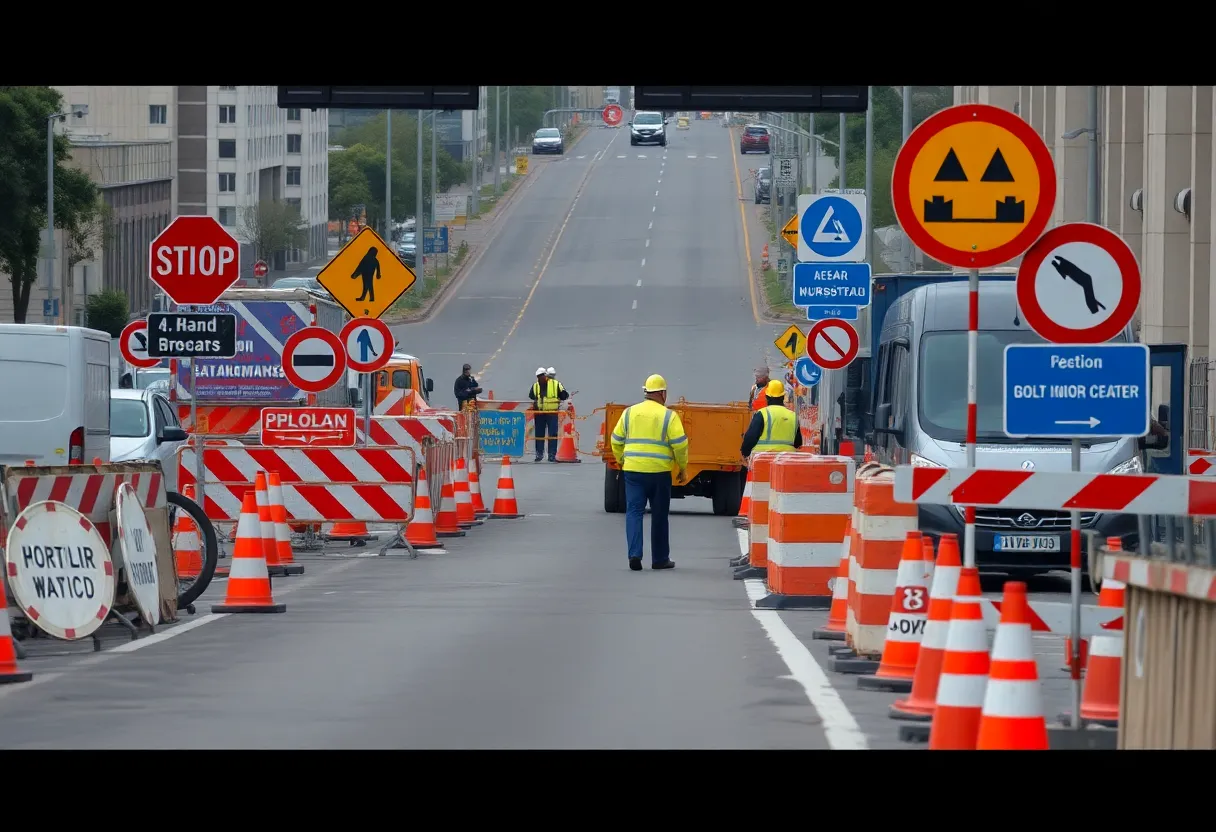 Construction zone in Central Savannah River Area with workers and traffic signs.