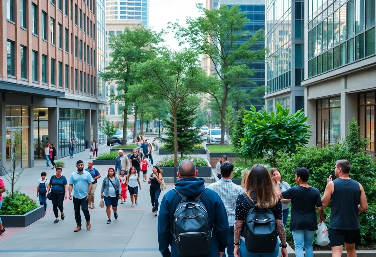 A view of a connected downtown Atlanta with green spaces and pedestrians.