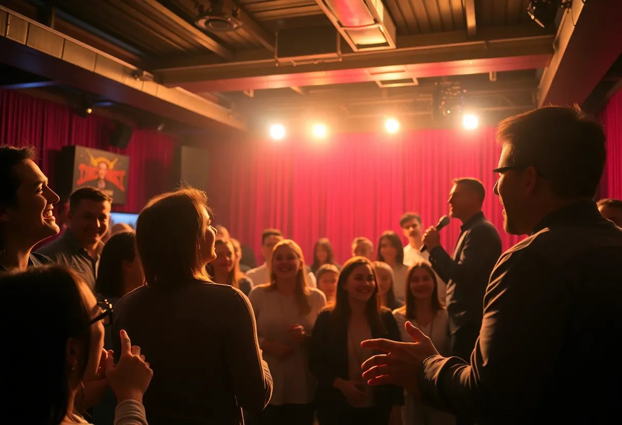 An engaging comedy night at Red Clay Music Foundry with performers on stage and an enthusiastic audience.