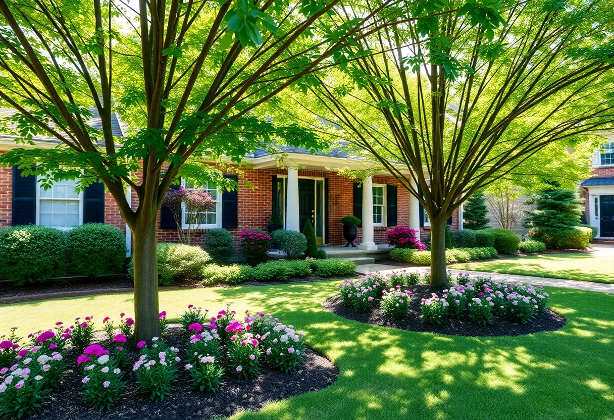 A front yard in Dunwoody with new shade trees and vibrant flowers.
