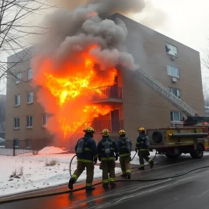 Firefighters responding to a fire at a vacant apartment building in Atlanta during winter conditions.