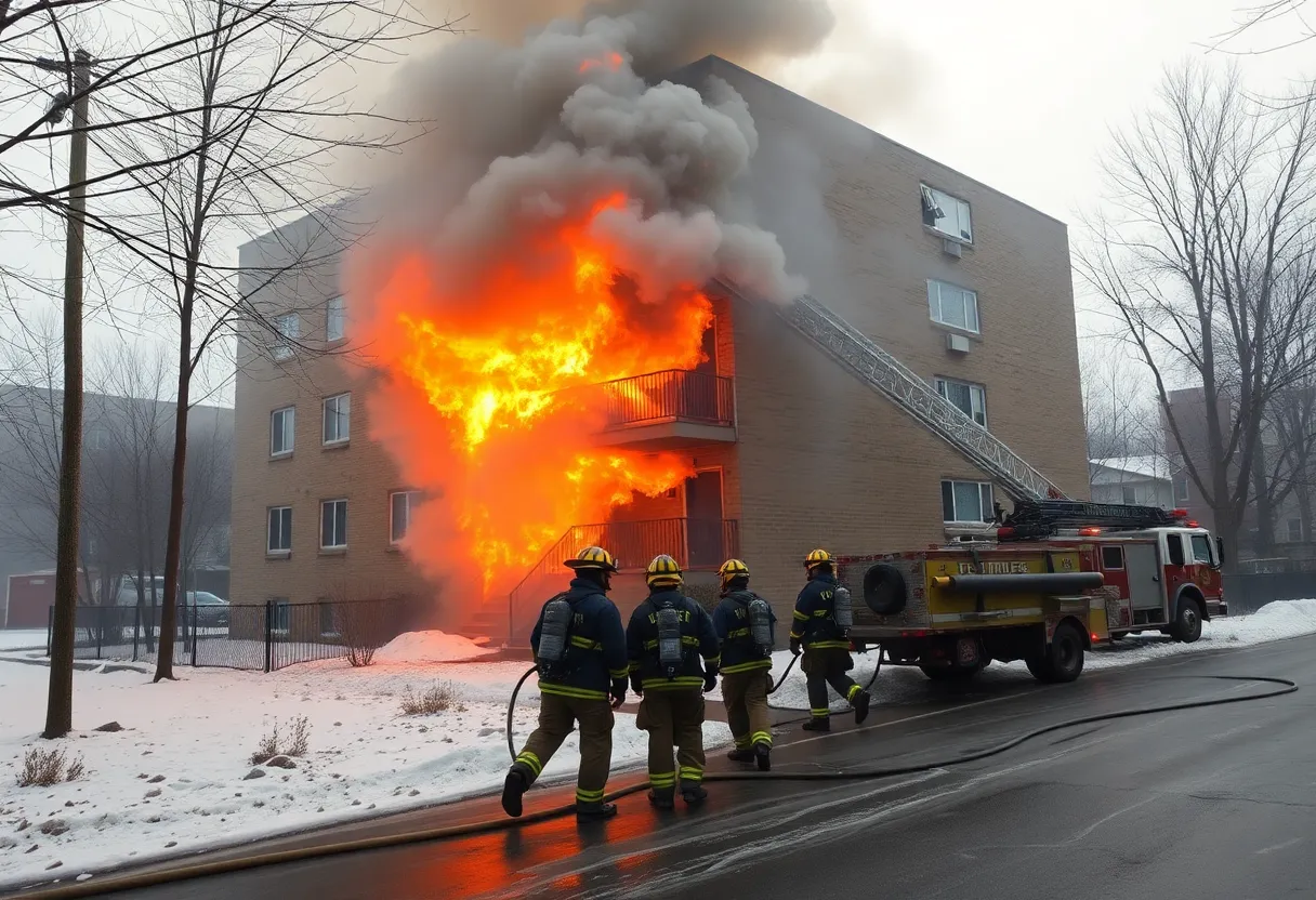 Firefighters responding to a fire at a vacant apartment building in Atlanta during winter conditions.