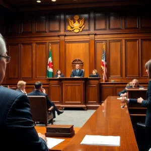 Courtroom image illustrating consequences of fraud in disaster relief efforts