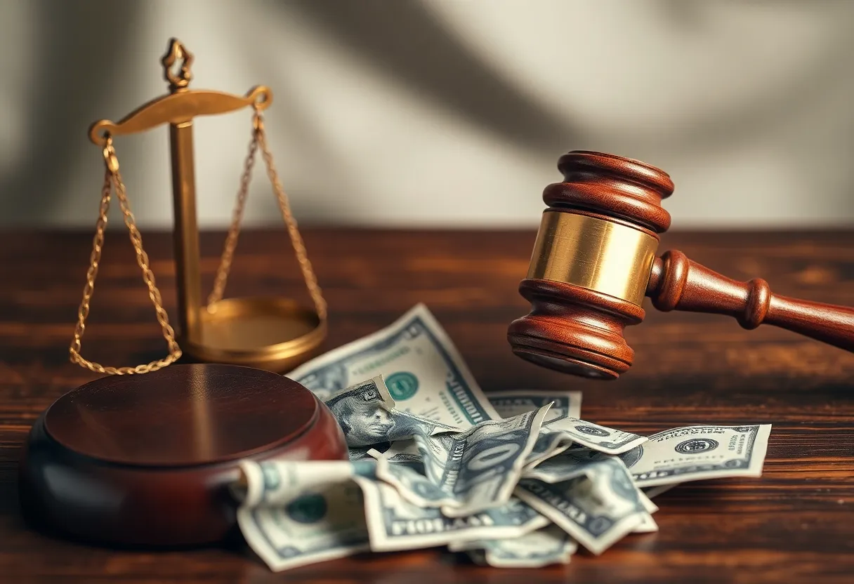 An abstract image symbolizing fraud and justice with a gavel and dollar bills.