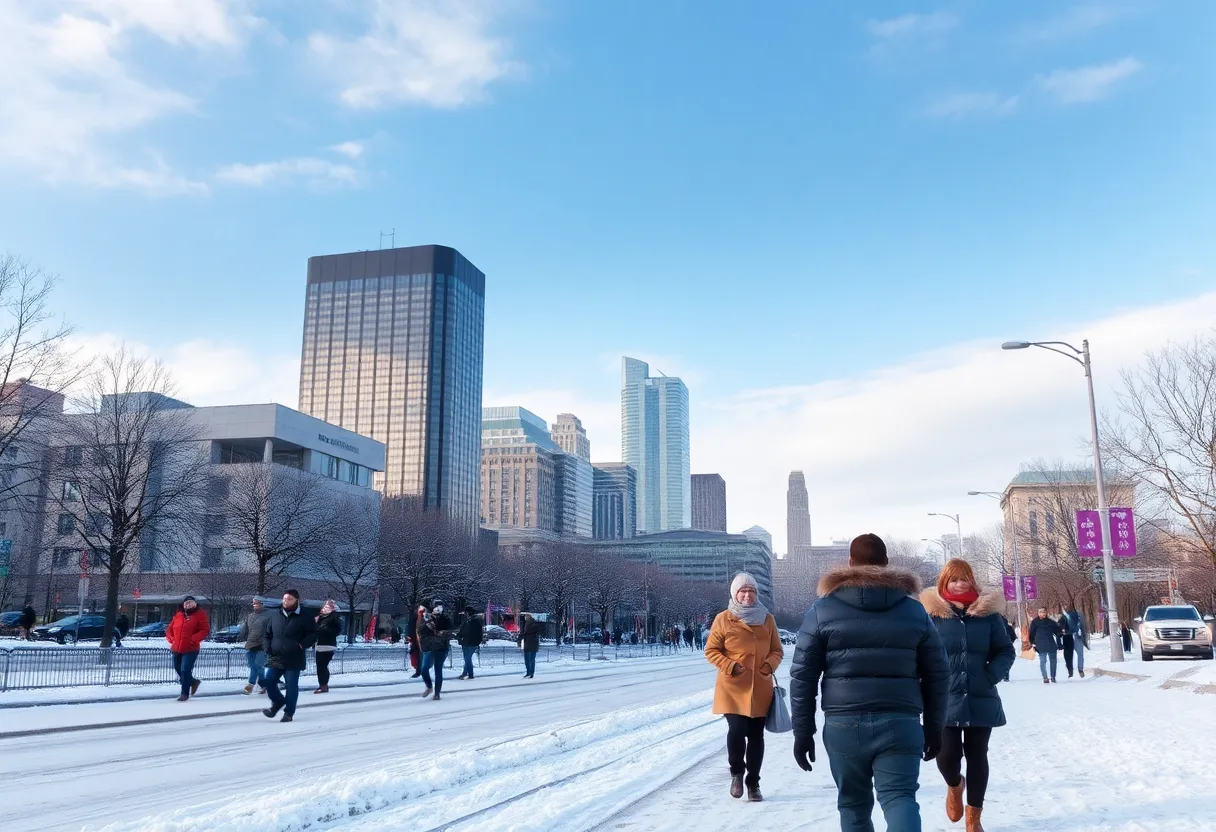 Atlanta skyline during a winter cold snap with people in warm clothing.